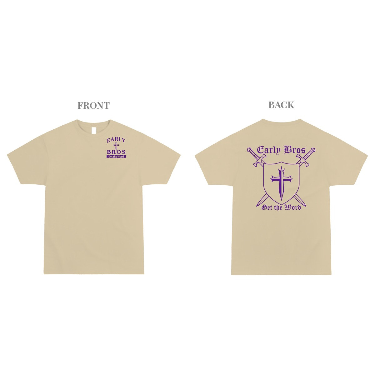 Early Bros Get the Word shirt in tan with a purple left chest logo on the front and a shield, cross and crossed swords on the back, by Oyster Creek in Eden, NC